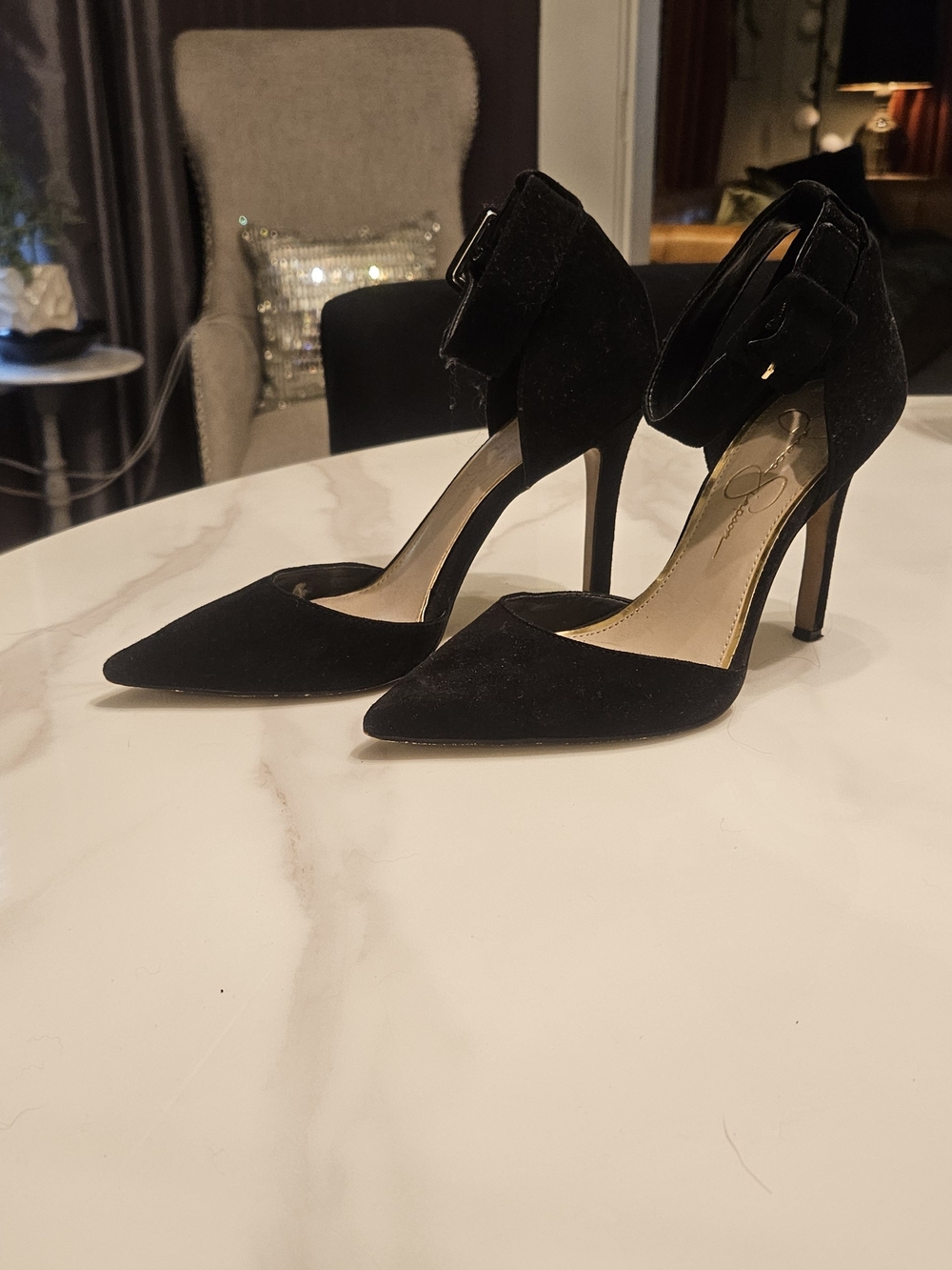 Jessica Simpson Black Pointed-Toe Ankle-Strap Stiletto Heels